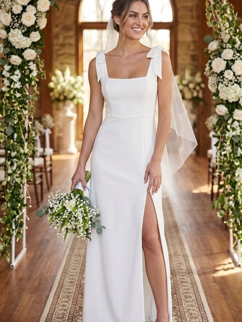 New Lulus  Sweetie Elegant White Bridal Gown with Bow-Strap Thigh Slit Sz Medium - Picture 5 of 13